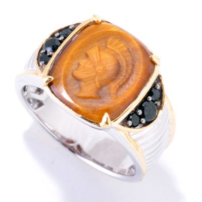 121-573 - Men's en Vogue II Hand-Carved 14 x 12mm Tiger's Eye & Black Spinel Knight's Head Ring