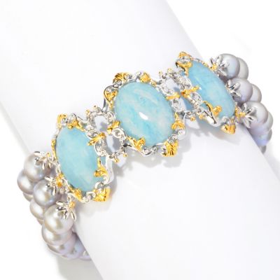 SS/PALL BRAC AQUAMRINE & TRIPLE PEARL STRAND w/ TOGGLE CLASP