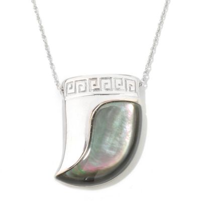 121-607 - Sterling Silver 20 x 13mm Black Mother-of-Pearl Tiger's Tooth Pendant w/ Chain 