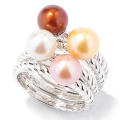SET OF FOUR SS 7-8mm ROUND WHITE, PINK, MOCHA & GOLD STACKER RINGS