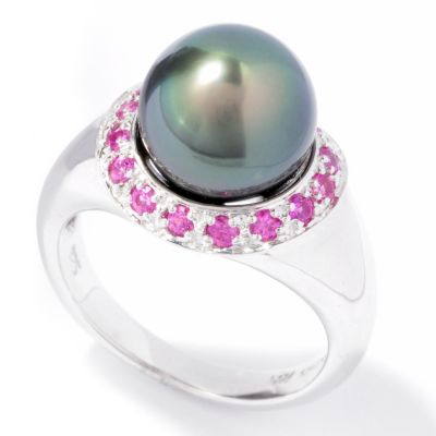 121-617 - Sterling Silver 10-11mm Tahitian Cultured Pearl & Pink Sapphire Halo Ring