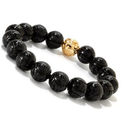 SS/YP 12mm CARVED ONYX & BEAD STRETCH BRACELET