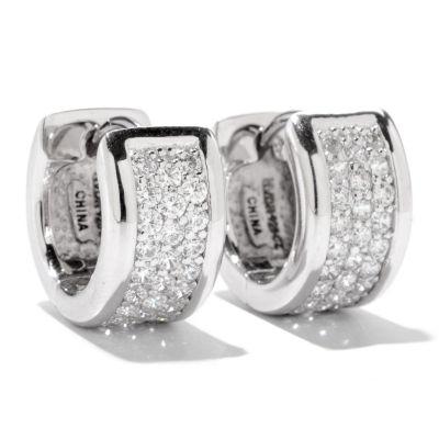 BLTA SS/PLAT 3 ROW ROUND CUT PAVE HUGGIE HOOP EARRINGS