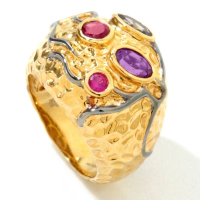 PW - SS/18KGP RING MULTI-GEMSTONE HAMMERED DOME
