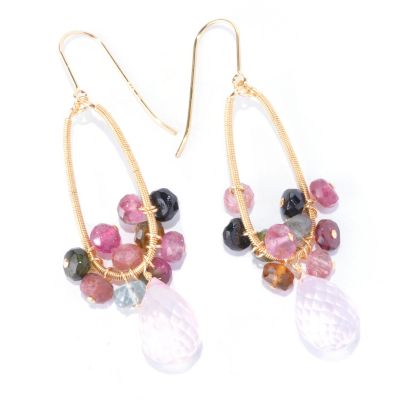 KA - SS/18KGP EAR MULTI-TOURMALINE & ROSE QUARTZ DROP
