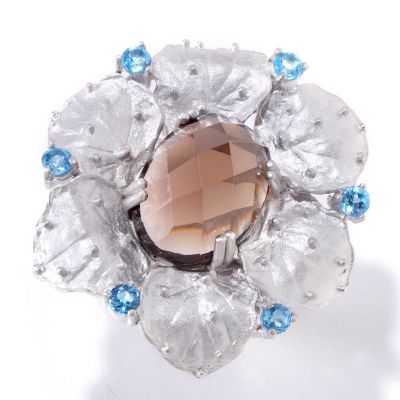 KA - SS/P RING SMOKY QTZ & SWISS BLUE TPZ TEXTURED FLOWER "BLOOM"