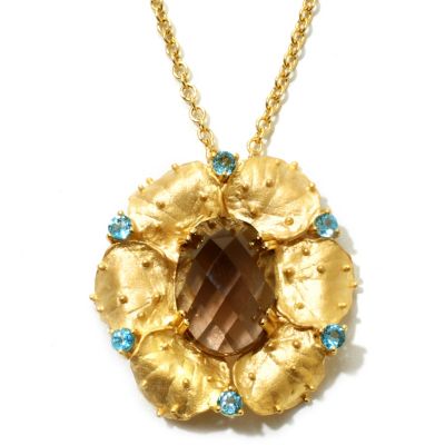 KA - SS/P PEND SMOKY QTZ & SWISS BLUE TPZ TEXTURED FLOWER W/ 20" CHAIN "BLOOM"