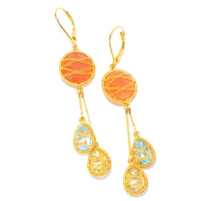 KA - SS/18KGP EAR CHAIN-WRAPPED PEACH MOONSTONE & MULTI-GEM DROP "KENT"