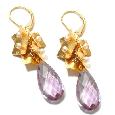 KA - SS/18KGP EAR TEXTURED SQUARE CLUSTER & AMETHYST BRIOLETTE DROP