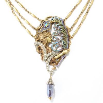 GOLDTONE THE PEACOCK FEATHERS ART NOUVEAU NECKLACE