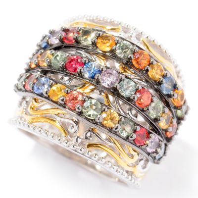 SS/PALL RING 3-ROW MULTI SAPPHIRE WIDE CIGAR BAND