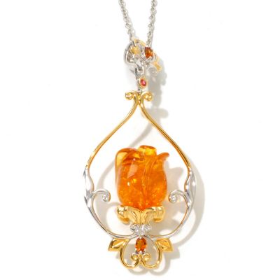 121-956 - Gems en Vogue II 1.45ctw Carved Baltic Amber Tulip Pendant w/ 18'' Chain 