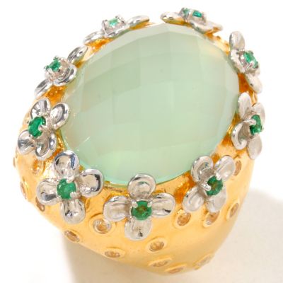 SS/YV DYED AQUA CHALCEDONY RING WITH EMERALD AND WHITE TOPAZ FLOWERS