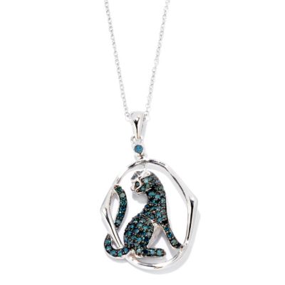 122-043 - Diamond Treasures Sterling Silver 1.00ctw Blue Diamond Panther Pendant w/ Chain