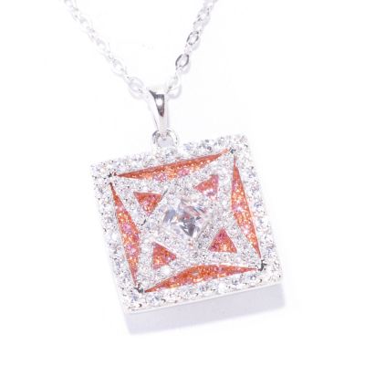 TYCOON SS/TWO TONE PAVE AND SQUARE TYCOON CUT LOGO PENDANT W/ PINK BACKGROUND
