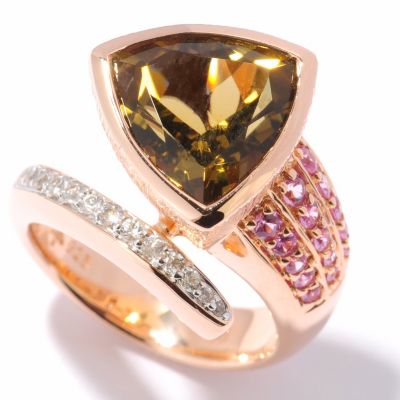 SS/18k ROSE VERMEIL RING OLIVE QUARTZ TRILLION w/ PINK & WHT SAPH