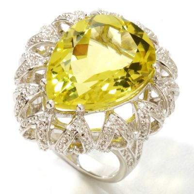 SS/PLAT RING PEAR SHAPED QUARTZ & WHT ZIRC