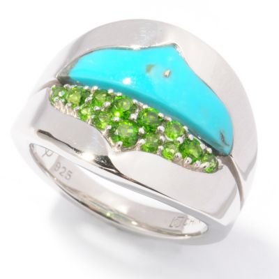SS/P RING SPECIAL-CUT TURQUOISE & CHROME DIOPSIDE SPLIT BAND