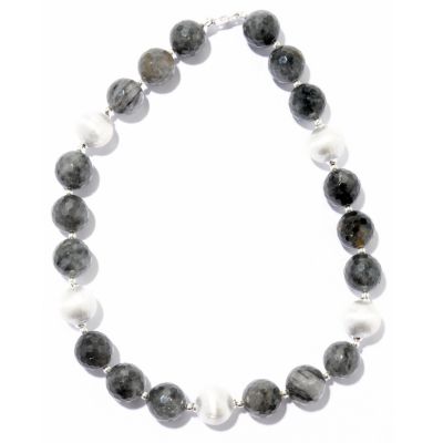 SS FACETED GREY QUARTZ AND SATIN BEAD NECKLACE