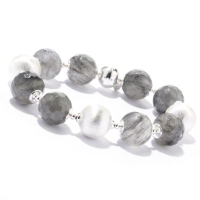 SS FACETED GREY QUARTZ AND SATIN BEAD BRACELET