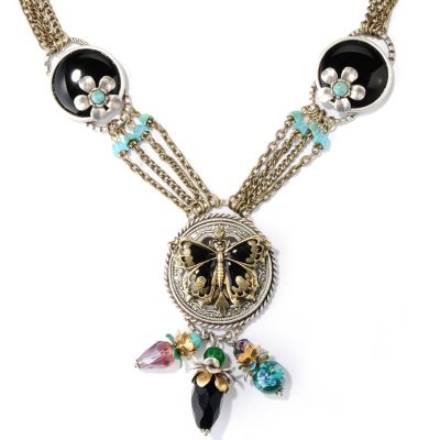 BUTTERFLY PENDANT WITH GEMSTONE FLOWER DANGLE NECKLACE