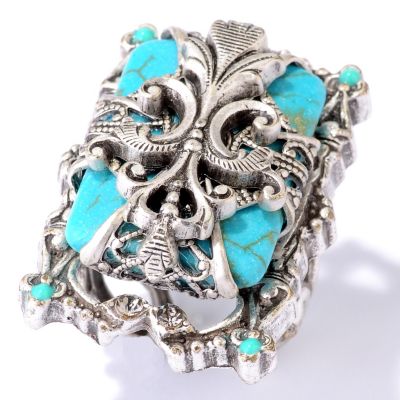 SILVERTONE FRENCH FLEUR DU LIS ON BLUE GLASS RING