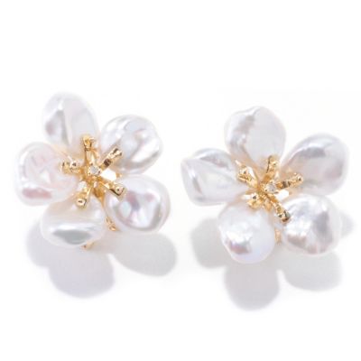 14K YG 8-9mm WHITE KESHI & DIAMOND ACCENT OMEGA BACK EARRINGS
