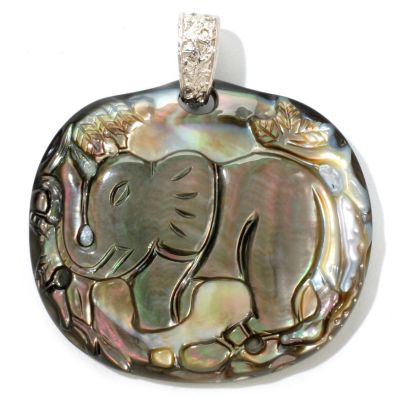 122-257 - Sterling Silver 42 x 38mm Black Mother-of-Pearl Carved Elephant Enhancer Pendant