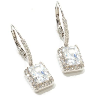 BLTA SS/PLAT EMERALD CUT HALO DANGLE EARRINGS