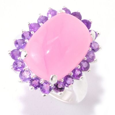122-326 - Gem Insider Sterling Silver 16 x 11mm Pink Jade & Amethyst Halo Ring 