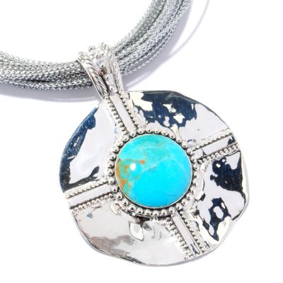 122-410 - Gem Insider Sterling Silver 19mm Turquoise Circle Pendant w/ 18" Multi Strand Cord