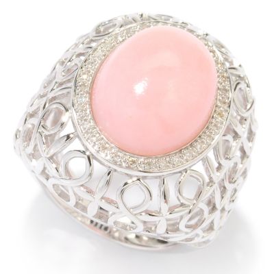 122-416 - Gem Insider Sterling Silver 16 x 12mm Pink Opal & Diamond Ring