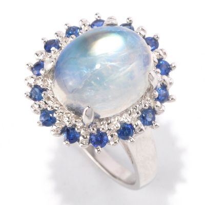 122-422 - Gem Insider Sterling Silver 12 x 10mm Moonstone & Sapphire Halo Ring 