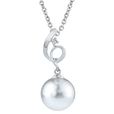 122-898 - 14K White Gold AAA Quality 9mm Cultured South Sea Pearl & Diamond Flourish Pendant w/ Chain