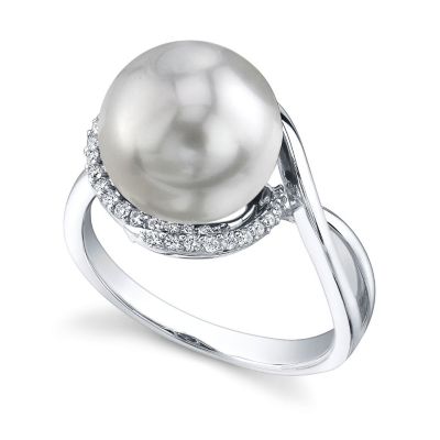 122-899 - 14K White Gold AAA Quality 10mm Cultured South Sea Pearl & Diamond Ring 