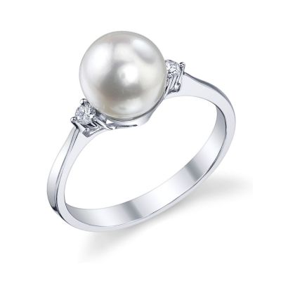 122-917 - 14K White Gold AA+ Quality 7.5-8.0mm Cultured Japanese Akoya Pearl & Diamond Ring