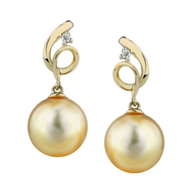 122-932 - 14K White or Yellow Gold AAA Quality 9mm Cultured Golden South Sea Pearl & Diamond Earrings