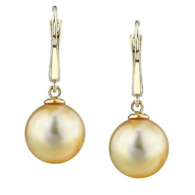 122-933 - 14K AAA Quality 9.0mm Cultured Golden South Sea Pearl Earrings