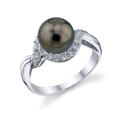 122-951 - 14K White Gold AAA Quality 8mm Cultured South Sea Pearl & Diamond Ring 