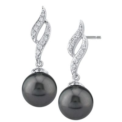 122-953 - 14K White Gold AAA Quality 9mm Cultured Tahitian Pearl & Diamond Earrings