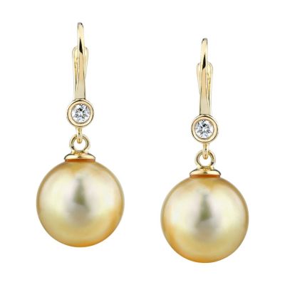 123-538 - 14K White Gold AAA Quality 9mm Golden Cultured South Sea Pearl & Diamond Earrings