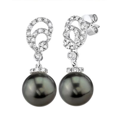 123-542 - 14K White Gold AAA Quality 9mm Tahitian Cultured Pearl Dangler Earrings