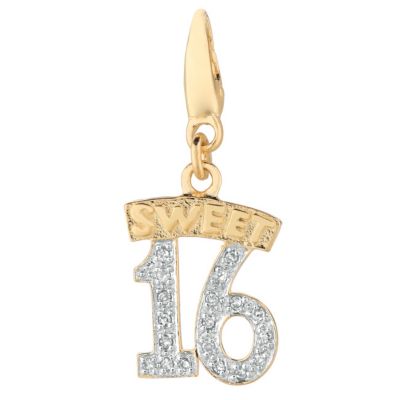 123-639 - Sterling Silver or 14K Yellow Gold Plated Diamond Sweet 16 Charm