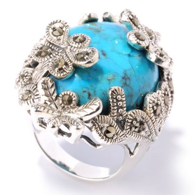 124-861 - Gem Insider Sterling Silver Turquoise & Grey Marcasite Butterfly Ring