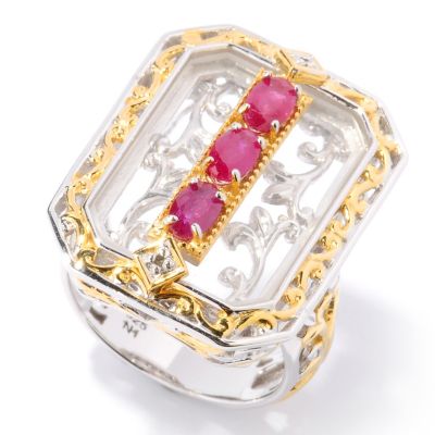 124-874 - Gems en Vogue II 20 x 14mm Emerald Cut Rock Crystal Quartz & Ruby Ring