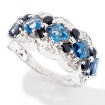 SS/P RING PRINCESS LONDON BLUE TOPAZ w/ BLK SPINEL & DIA