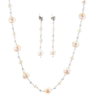 SS 18" WHITE FWP & SPARKLE BEAD STATION NECK & EARRING SET