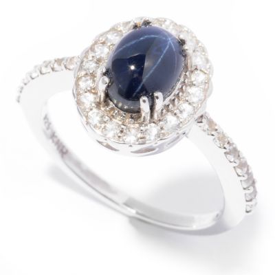 SS GENUINE STAR SAPPHIRE RING W/ WHITE SAPPHIRE ACCENTS 8X6