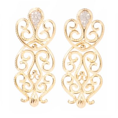 SS/18KYGP EAR ELONGATED FILIGREE DROP W/DIAMOND ACCENT