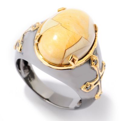 MEN'S - SS/PALL RING OVAL BRECCIATED MOOKAITE & BLK DIAMOND CROSS